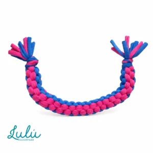Mordedor Trenzado Dino - juguete mordedor de trapillo trenzado para perros, color azul y fucsia